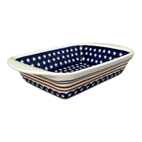 A picture of a Polish Pottery Zaklady 9.25" x 14" Lasagna Pan W/Handles (Stars & Stripes) | Y1445A-D81 as shown at PolishPotteryOutlet.com/products/zaklady-large-lasagna-stars-stripes-y1445a-d81