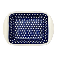 A picture of a Polish Pottery Zaklady 9.25" x 14" Lasagna Pan W/Handles (Stars & Stripes) | Y1445A-D81 as shown at PolishPotteryOutlet.com/products/zaklady-large-lasagna-stars-stripes-y1445a-d81