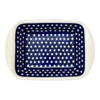 A picture of a Polish Pottery 9.25" x 14" Lasagna Pan W/Handles (Stars & Stripes) | Y1445A-D81 as shown at PolishPotteryOutlet.com/products/zaklady-large-lasagna-stars-stripes-y1445a-d81