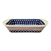 A picture of a Polish Pottery Zaklady 9.25" x 14" Lasagna Pan W/Handles (Stars & Stripes) | Y1445A-D81 as shown at PolishPotteryOutlet.com/products/zaklady-large-lasagna-stars-stripes-y1445a-d81