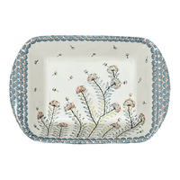 A picture of a Polish Pottery Zaklady 9.25" x 14" Lasagna Pan W/Handles (Dandelions) | Y1445A-DU201 as shown at PolishPotteryOutlet.com/products/9-25-x-14-lasagna-pan-w-handles-dandelions-y1445a-du201