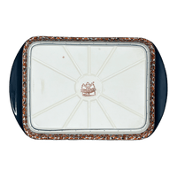 A picture of a Polish Pottery Zaklady 9.25" x 14" Lasagna Pan W/Handles (Orange Wreath) | Y1445A-DU52 as shown at PolishPotteryOutlet.com/products/9-25-x-14-lasagna-pan-w-handles-du52-y1445a-du52