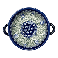 A picture of a Polish Pottery Zaklady Small Round Casserole W/Handles (Spring Swirl) | Y1454A-A1073A as shown at PolishPotteryOutlet.com/products/7-5-round-stew-dish-spring-swirl-y1454a-a1073a