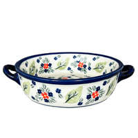 A picture of a Polish Pottery Small Round Casserole W/Handles (Mountain Flower) | Y1454A-A1109A as shown at PolishPotteryOutlet.com/products/small-round-casserole-w-handles-mistletoe-y1454a-a1109a