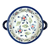 A picture of a Polish Pottery Zaklady Small Round Casserole W/Handles (Mountain Flower) | Y1454A-A1109A as shown at PolishPotteryOutlet.com/products/small-round-casserole-w-handles-mistletoe-y1454a-a1109a