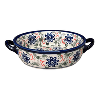 A picture of a Polish Pottery Zaklady Small Round Casserole W/Handles (Swirling Flowers) | Y1454A-A1197A as shown at PolishPotteryOutlet.com/products/stew-dish-swirling-flowers-y1454a-a1197a