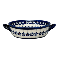 A picture of a Polish Pottery Zaklady Small Round Casserole W/Handles (Petite Floral Peacock) | Y1454A-A166A as shown at PolishPotteryOutlet.com/products/7-5-round-stew-dish-floral-peacock-y1454a-a166a