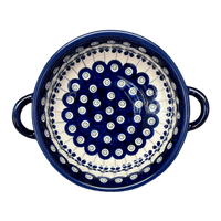A picture of a Polish Pottery Zaklady Small Round Casserole W/Handles (Petite Floral Peacock) | Y1454A-A166A as shown at PolishPotteryOutlet.com/products/7-5-round-stew-dish-floral-peacock-y1454a-a166a