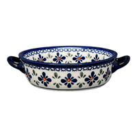 A picture of a Polish Pottery Zaklady 7.5" Round Stew Dish (Blue Mosaic Flower) | Y1454A-A221A as shown at PolishPotteryOutlet.com/products/7-5-round-stew-dish-blue-mosaic-flower-y1454a-a221a