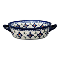 A picture of a Polish Pottery Dish, Stew, Round, 7.5" in "Blue Mosaic Flower" by Zaklady | Y1454A-A221A as shown at PolishPotteryOutlet.com/products/7-5-round-stew-dish-blue-mosaic-flower-y1454a-a221a