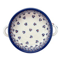 A picture of a Polish Pottery Zaklady Small Round Casserole W/Handles (Falling Blue Daisies) | Y1454A-A882A as shown at PolishPotteryOutlet.com/products/7-5-round-stew-dish-falling-blue-daisies-y1454a-a882a