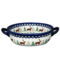 A picture of a Polish Pottery Zaklady 7.5" Round Stew Dish (Evergreen Moose) | Y1454A-A992A as shown at PolishPotteryOutlet.com/products/7-5-round-stew-dish-evergreen-moose-y1454a-a992a