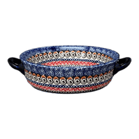 A picture of a Polish Pottery Zaklady Small Round Casserole W/Handles (Bloomin' Sky) | Y1454A-ART148 as shown at PolishPotteryOutlet.com/products/7-5-round-stew-dish-bloomin-sky-y1454a-art148