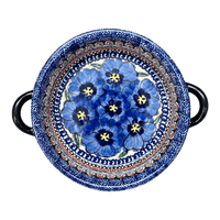 A picture of a Polish Pottery Zaklady Small Round Casserole W/Handles (Bloomin' Sky) | Y1454A-ART148 as shown at PolishPotteryOutlet.com/products/7-5-round-stew-dish-bloomin-sky-y1454a-art148