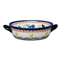 A picture of a Polish Pottery Zaklady 7.5" Round Stew Dish (Circling Bluebirds) | Y1454A-ART214 as shown at PolishPotteryOutlet.com/products/7-5-round-stew-dish-circling-bluebirds-y1454a-art214