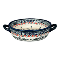 A picture of a Polish Pottery Zaklady Small Round Casserole W/Handles (Cosmic Cosmos) | Y1454A-ART326 as shown at PolishPotteryOutlet.com/products/7-5-round-stew-dish-cosmic-cosmos-y1454a-art326