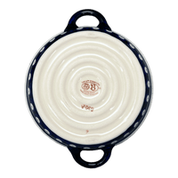 A picture of a Polish Pottery Zaklady Small Round Casserole W/Handles(Peacock Burst) | Y1454A-D487 as shown at PolishPotteryOutlet.com/products/7-5-round-stew-dish-peacock-burst-y1454a-d487