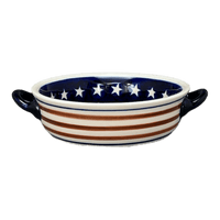 A picture of a Polish Pottery Zaklady 7.5" Round Stew Dish (Stars & Stripes) | Y1454A-D81 as shown at PolishPotteryOutlet.com/products/7-5-round-stew-dish-stars-stripes-y1454a-d81