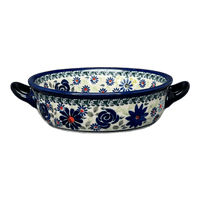 A picture of a Polish Pottery Zaklady Small Round Casserole W/Handles (Floral Explosion) | Y1454A-DU126 as shown at PolishPotteryOutlet.com/products/7-5-round-stew-dish-du126-y1454a-du126
