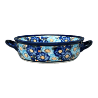 A picture of a Polish Pottery Zaklady Small Round Casserole W/Handles (Garden Party Blues) | Y1454A-DU50 as shown at PolishPotteryOutlet.com/products/7-5-round-stew-dish-garden-party-blues-y1454a-du50