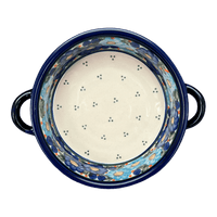 A picture of a Polish Pottery Zaklady Small Round Casserole W/Handles (Garden Party Blues) | Y1454A-DU50 as shown at PolishPotteryOutlet.com/products/7-5-round-stew-dish-garden-party-blues-y1454a-du50