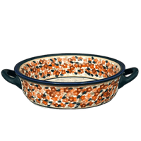 A picture of a Polish Pottery Dish, Stew, Round, 7.5" in "Orange Wreath" by Zaklady | Y1454A-DU52 as shown at PolishPotteryOutlet.com/products/7-5-round-stew-dish-orange-wreath-y1454a-du52