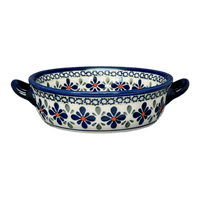 A picture of a Polish Pottery Zaklady Small Round Casserole W/Handles (Emerald Mosaic) | Y1454A-DU60 as shown at PolishPotteryOutlet.com/products/7-5-round-stew-dish-emerald-mosaic-y1454a-du60