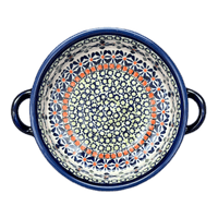 A picture of a Polish Pottery Zaklady Small Round Casserole W/Handles (Emerald Mosaic) | Y1454A-DU60 as shown at PolishPotteryOutlet.com/products/7-5-round-stew-dish-emerald-mosaic-y1454a-du60