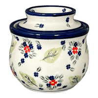 A picture of a Polish Pottery Zaklady Butter Crock (Mountain Flower) | Y1512-A1109A as shown at PolishPotteryOutlet.com/products/butter-crock-mistletoe-y1512-a1109a