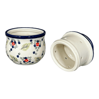 A picture of a Polish Pottery Zaklady Butter Crock (Mountain Flower) | Y1512-A1109A as shown at PolishPotteryOutlet.com/products/butter-crock-mistletoe-y1512-a1109a