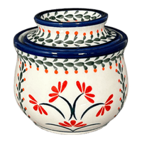 A picture of a Polish Pottery Zaklady Butter Crock (Scarlet Stitch) | Y1512-A1158A as shown at PolishPotteryOutlet.com/products/butter-crock-scarlet-stitch-y1512-a1158a