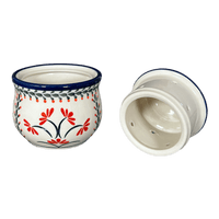 A picture of a Polish Pottery Zaklady Butter Crock (Scarlet Stitch) | Y1512-A1158A as shown at PolishPotteryOutlet.com/products/butter-crock-scarlet-stitch-y1512-a1158a