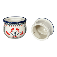 A picture of a Polish Pottery Butter Crock, 4.5" x 3.5" in "Scarlet Stitch" by Zaklady | Y1512-A1158A as shown at PolishPotteryOutlet.com/products/butter-crock-scarlet-stitch-y1512-a1158a