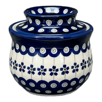 A picture of a Polish Pottery Butter Crock (Petite Floral Peacock) | Y1512-A166A as shown at PolishPotteryOutlet.com/products/butter-crock-floral-peacock-y1512-a166a