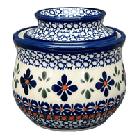 A picture of a Polish Pottery Butter Crock (Blue Mosaic Flower) | Y1512-A221A as shown at PolishPotteryOutlet.com/products/butter-crock-blue-mosaic-flower-y1512-a221a