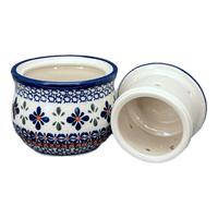 A picture of a Polish Pottery Butter Crock (Blue Mosaic Flower) | Y1512-A221A as shown at PolishPotteryOutlet.com/products/butter-crock-blue-mosaic-flower-y1512-a221a