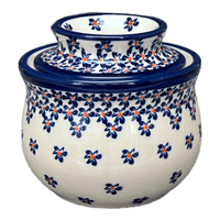 A picture of a Polish Pottery Zaklady Butter Crock (Falling Blue Daisies) | Y1512-A882A as shown at PolishPotteryOutlet.com/products/butter-crock-falling-blue-daisies-y1512-a882a