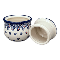 A picture of a Polish Pottery Zaklady Butter Crock (Falling Blue Daisies) | Y1512-A882A as shown at PolishPotteryOutlet.com/products/butter-crock-falling-blue-daisies-y1512-a882a