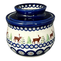A picture of a Polish Pottery Butter Crock (Evergreen Moose) | Y1512-A992A as shown at PolishPotteryOutlet.com/products/butter-crock-evergreen-moose-y1512-a992a