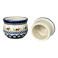A picture of a Polish Pottery Zaklady Butter Crock (Evergreen Moose) | Y1512-A992A as shown at PolishPotteryOutlet.com/products/butter-crock-evergreen-moose-y1512-a992a