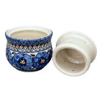 A picture of a Polish Pottery Zaklady Butter Crock (Bloomin' Sky) | Y1512-ART148 as shown at PolishPotteryOutlet.com/products/butter-crock-bloomin-sky-y1512-art148