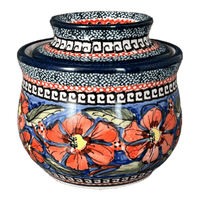 A picture of a Polish Pottery Butter Crock (Exotic Reds) | Y1512-ART150 as shown at PolishPotteryOutlet.com/products/zaklady-butter-crock-exotic-reds-y1512-art150