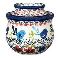 A picture of a Polish Pottery Zaklady Butter Crock (Circling Bluebirds) | Y1512-ART214 as shown at PolishPotteryOutlet.com/products/butter-crock-circling-bluebirds-y1512-art214