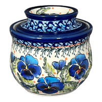 A picture of a Polish Pottery Butter Crock (Pansies in Bloom) | Y1512-ART277 as shown at PolishPotteryOutlet.com/products/butter-crock-pansies-in-bloom-y1512-art277