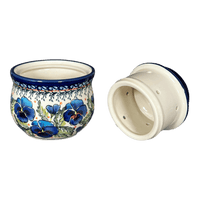 A picture of a Polish Pottery Zaklady Butter Crock (Pansies in Bloom) | Y1512-ART277 as shown at PolishPotteryOutlet.com/products/butter-crock-pansies-in-bloom-y1512-art277