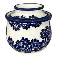 A picture of a Polish Pottery Zaklady Butter Crock (Blue Floral Vines) | Y1512-D1210A as shown at PolishPotteryOutlet.com/products/butter-crock-blue-floral-vines-y1512-d1210a