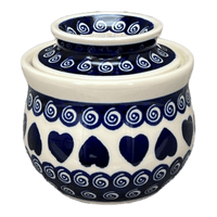 A picture of a Polish Pottery Butter Crock (Swirling Hearts) | Y1512-D467 as shown at PolishPotteryOutlet.com/products/butter-crock-swirling-hearts-y1512-d467