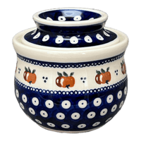 A picture of a Polish Pottery Zaklady Butter Crock (Persimmon Dot) | Y1512-D479 as shown at PolishPotteryOutlet.com/products/butter-crock-persimmon-dot-y1512-d479