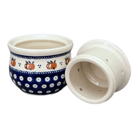 A picture of a Polish Pottery Butter Crock (Persimmon Dot) | Y1512-D479 as shown at PolishPotteryOutlet.com/products/butter-crock-persimmon-dot-y1512-d479