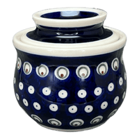 A picture of a Polish Pottery Zaklady Butter Crock (Peacock Burst) | Y1512-D487 as shown at PolishPotteryOutlet.com/products/butter-crock-peacock-burst-y1512-d487